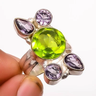 Peridot & Amethyst Gemstone Silver Plated Jewelry Ring s.8 TR7508-2026 - Image 1 of 3