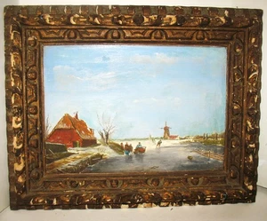 Pequeña pintura al óleo antigua de escena holandesa enmarcada a bordo sin firmar - Imagen 1 de 16