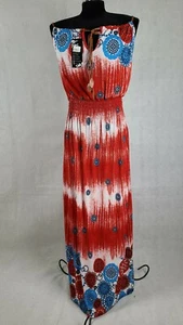Hots Wing Damen Maxikleid XXL rot Blumen geräuchert Taille Bindeband Ausschnitt ärmellos - Bild 1 von 8