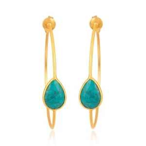 Turquoise Gemstone Yellow Gold Plated Pear Shape Hoop Earrings Wedding Jewelry - Picture 1 of 3