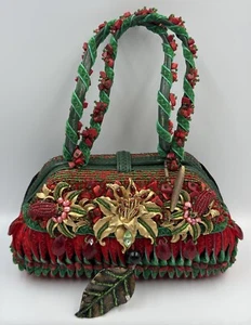 Mary Frances Poinsettia Christmas Handbag Purse Velvet Beads - Picture 1 of 14