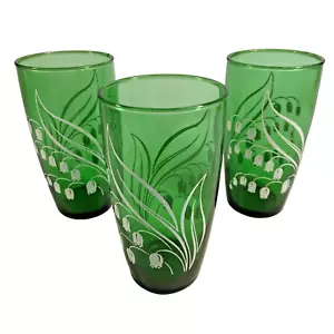 Anchor Hocking Forest Green Tumbler Lily Of The Valley MCM 60's 12 Oz Set Of 3 - Picture 1 of 6