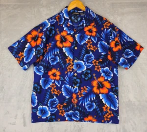 Vintage Odo Men's Medium Blue Orange Floral Hibiscus Hawaiian Camp Shirt - Picture 1 of 4