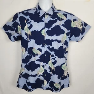 Tori Richard Hawaiian Shirt Mens M Short Sleeve Blue Japanese Crane Bird Stretch - Picture 1 of 11