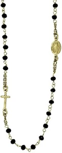 COLLANA A ROSARIO IN ARGENTO 925 RODIATO IN ORO GIALLO E PERLINE NERE 47 CM - Picture 1 of 2