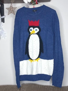 Navidad Pingüino Novedad Festivo Tejido Jersey Reino Unido Mediano Vacaciones Azul 3D Ojos - Imagen 1 de 4