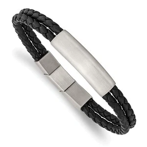 Lex & Lu Stainless Steel Brushed Braided Black Leather w/.5" ext 8" Bracelet - Picture 1 of 2