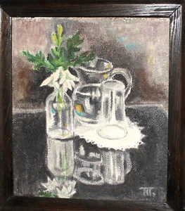 VINTAGE IMPRESSIONIST OIL PAINTING STILL LIFE WITH JUG, CUP AND FLOWERS SIGNED - Picture 1 of 12