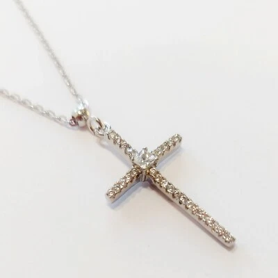 COLLANA CATENA ROLÓ  CON  CROCE IN ARGENTO 925 RODIATO BIANCO ZIRCONI BRILLANTI  - Immagine 1 di 4