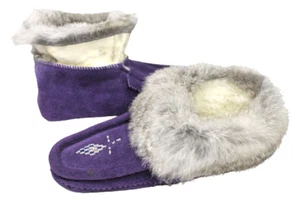 Native Mukluk Moccasins Womens Shoes 5 Slip-On Rabbit Fur Beeaded Purple Canada - Picture 1 of 11