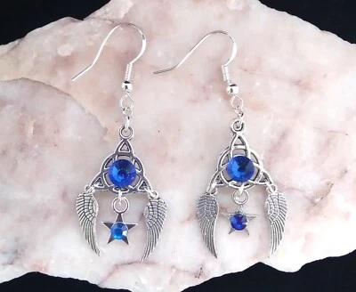 Blue 3D Diamante, Celtic Knot, Angel Wings & Star, 925 Silver Hook Earrings Foto 1 de 4