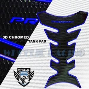 3D FUEL/GAS TANK PAD PROTECTOR DECAL PRO GRIP PERFORATED GLOSS BLACK+CHROME BLUE - Picture 1 of 4