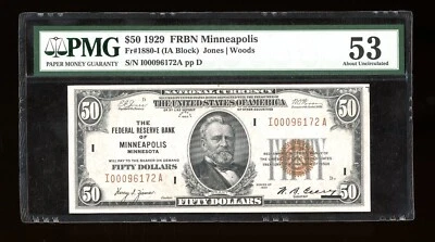 DBR 1929 $50 FRBN Minneapolis Fr. 1880-I PMG 53 Serial I00096172A - Image 1 of 2