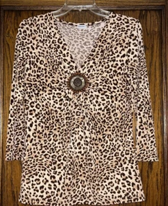 Banzai! Cheetah Print Gathered Front Tunic Beaded Accent Boutique Top Sz Large - Picture 1 of 8