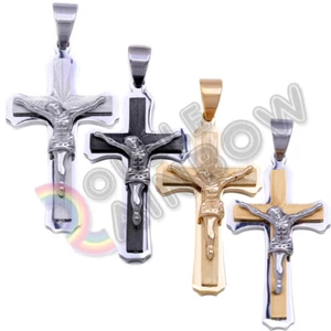 Herren Edelstahl Jesus Kreuz Anhänger Gold Silber Schwarz P07 - Bild 1 von 8
