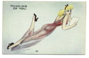 ARTIST SIGNED,HOT BLOND IN NEGLIGEE READING LETTER~THINKING OF YOU - Imagen 1 de 1