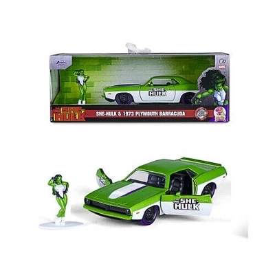 PLYMOUTH BARRACUDA "THE SAVAGE SHE HULK" + FIGURE GREEN/WHITE 1:32 Jada Toys Mov - Immagine 1 di 4
