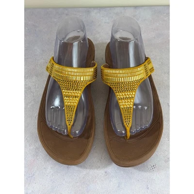 Fitflop Aztek Chada女式凉鞋丁字裤懒人麂皮绒9黄色鞋 — 第 1/4 张图片