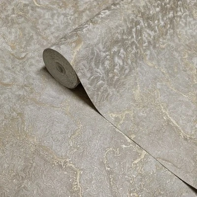 Embossed Taupe gold metallic faux cracked plaster textured modern Wallpaper roll - Image 1 of 4