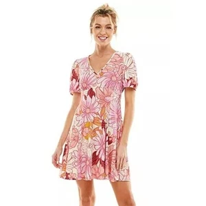 Lily Rose Women Dress XS Floral Belted Fit & Flare Mini V Neck 70's Puff Sleeve - Picture 1 of 9