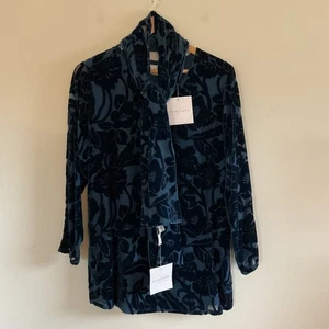 NUEVO CON ETIQUETAS Túnica Floral Silk Lore Beth Terrell Azul Mezcla Seda Terciopelo Burnout M con Bufanda - Imagen 1 de 15