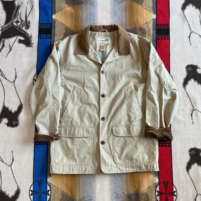 Vintage LL Bean Barn Jacket Mens Large Tan Canvas Chore Field Coat Corduroy Trim - Image 1 of 4