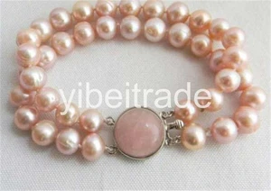 2 Strands 8'' 8-9MM Pink Round Freshwater Pearl Bracelet - Picture 1 of 1