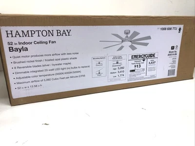 Hampton Bay Bayla 52 in. Indoor Brushed Nickel Ceiling Fan LED Light W/Remote - Image 1 of 3