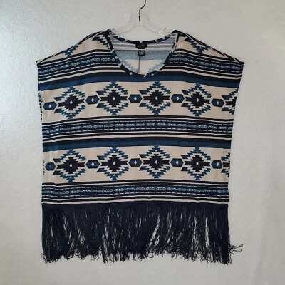 Camisa Cuadrada Tribal Estampado Azteca Flecos Azul Negro Beige Rue 21 Festival Boho Gitana Foto 1 de 4