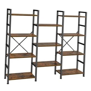 Triple Bookshelf, Bookcase with 11 Open Display Shelves, 4 Tier Rustic Brown - Picture 1 of 7