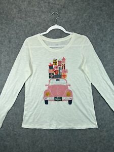 CATO Merry Christmas T Shirt Womens XS Ivory Crew Pink Car Graphic Long Sleeve