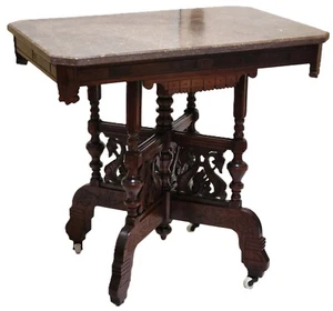 Center Parlor TABLE, Eastlake Victorian, Burl Walnut, Lyre, TN Brown Marble,33"L - Picture 1 of 18