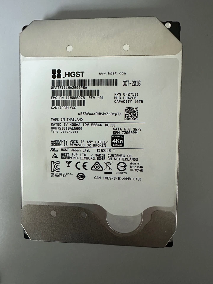 HGST  10TB 7.2K SATA 6Gbps 3.5' 4Kn HDD HUH721010ALN600  - Health 100% - Image 1 of 1