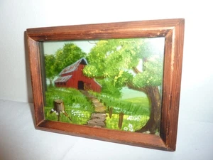 Darling Vintage 3 Layered Reverse Glass Painting Barn Landscape Framed 8 x6" - Picture 1 of 11
