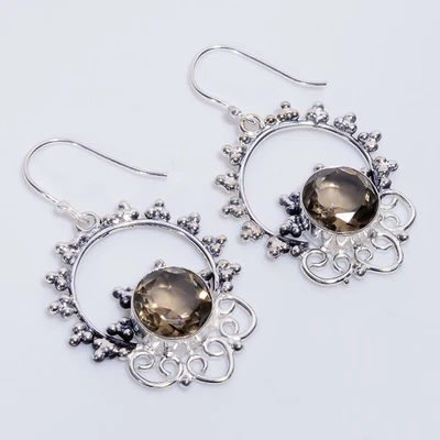 Brincos de prata esterlina 925 vintage feitos à mão com pedra preciosa de quartzo esfumaçado 2,1" T247 - Imagem 1 de 4