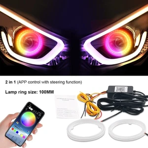 RGB 100MM Halo Angel Eye Turn Signal Light APP Bluetooth Hexagon Fog Headlight - Picture 1 of 13