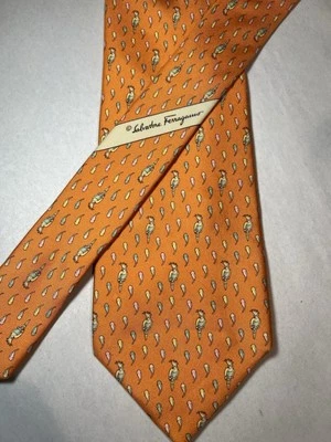 Corbata Salvatore Ferragamo Pájaros Estampado Animal Naranja 3.75" x 59" Seda Italia Foto 1 de 4