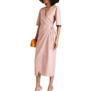 Lambskin Leather Wrap Long Dress Midi  Cropped Sleeve Lined V-neck Womens Dress - Picture 1 of 5