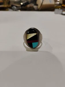 ANELLO Vintage NON FIRMATO ZUNI Argento Sterling 925 Turchese, MOP, Onice, Intarsiato TG 12 - Foto 1 di 7