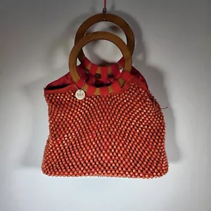 Vintage The SAK Original Beaded Crochet Wood Handle Red Purse - Picture 1 of 8
