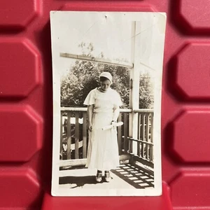 Woman Standing On Porch In A Dress 2 5/8 x 4 1/2 Photograph Pre Owned Vtg 1930s - Picture 1 of 2