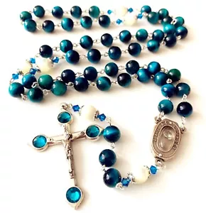 elegantemedicale COLLANA CROCIFISSO ROSARIO CATTOLICO PERLINE OCCHIO DI TIGRE FATTA A MANO Lou... - Foto 1 di 9