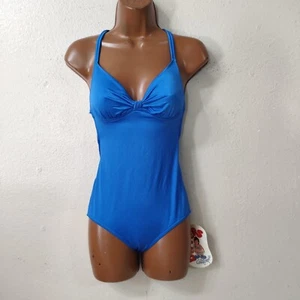 Dippers California Vintage One Piece Striped Swim Suit Sz 7 Blue Cross Back 5271 - Picture 1 of 10