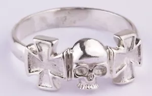 Skull Ring Viking 925 Sterling Silver Iron Cross Gothic Skeleton Biker Goth - Picture 1 of 13
