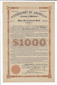 ARIZONA Territory 1909 Hufeisen Goldbergbau & Milling Co Bond Zertifikat #3 - Bild 1 von 2