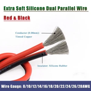 8-28AWG Extra Soft Silicone Red & Black Dual Parallel Wire Cable Tinned Copper - Picture 1 of 9