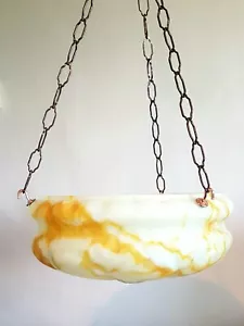 Art Deco XL Amber/White Glass Flycatcher Bowl Light Shade Hooks & Chains - D37cm - Picture 1 of 6