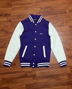 BoohooMAN Purple Varsity Bomber Jacket White Button Front Patch Mens XS - Picture 1 of 6