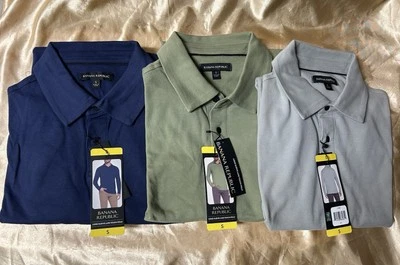 Lot of 3 Genuine size SMALL Banana Republic LONG-SLEEVE Luxe Cotton Polo Shirts - Image 1 of 4