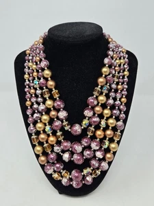 VINTAGE JAPAN 5 STRAND BEADED NECKLACE GOLD & PURPLE FASHION JEWELRY WOMEN - Picture 1 of 12